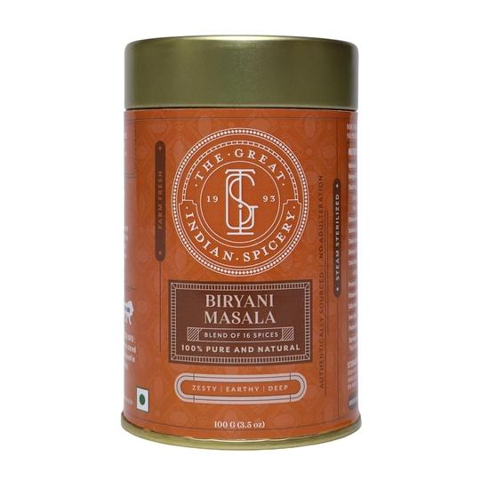 The Great Indian Spicery | Biryani Masala | 100gm Tin – Farm Fresh, Authentic, Non-Adulterated, Preservative-Free Spice Blend