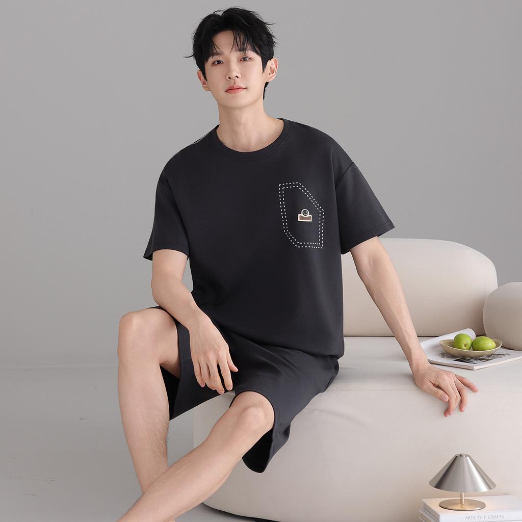 Pajamas Men's Summer Cotton Black Short Sleeve Shorts Men's Teen Summer Simple Casual Homewear Set