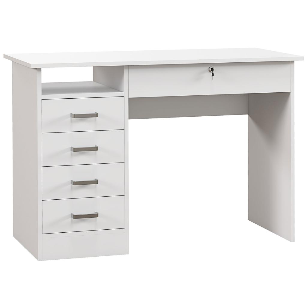 Modern Desk, 5 Drawers, 1 Open Compartment, Lockable, 110 x 50 x 76 cm, White