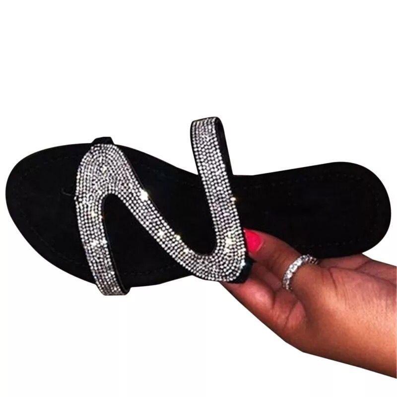 Spring and summer new large size flat toe cool slippers female sweet rhinestones, beach slippers