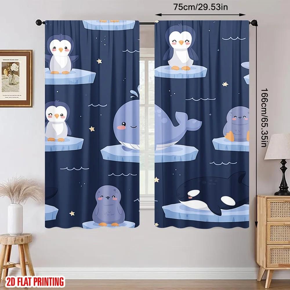 Set Of 2 Cartoonish Penguin Curtains Polyester Kids Room Window Decor Cute Home Curtain Light Blocking With Rod Pocket Ideal For