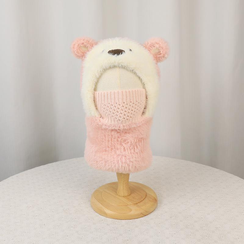 Cartoon bear children's hat, face mask, scarf, integrated pullover hat, winter velvet warm ear protector, knitted wool hat
