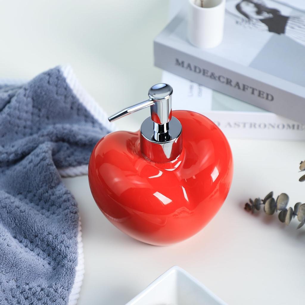Bicuzat Red Heart Shaped Soap Dispenser with Plastic Pump, Refillable Lotion Soap Bottle, Lotion Bottle, Hand Soap Dispenser, Home Decoration