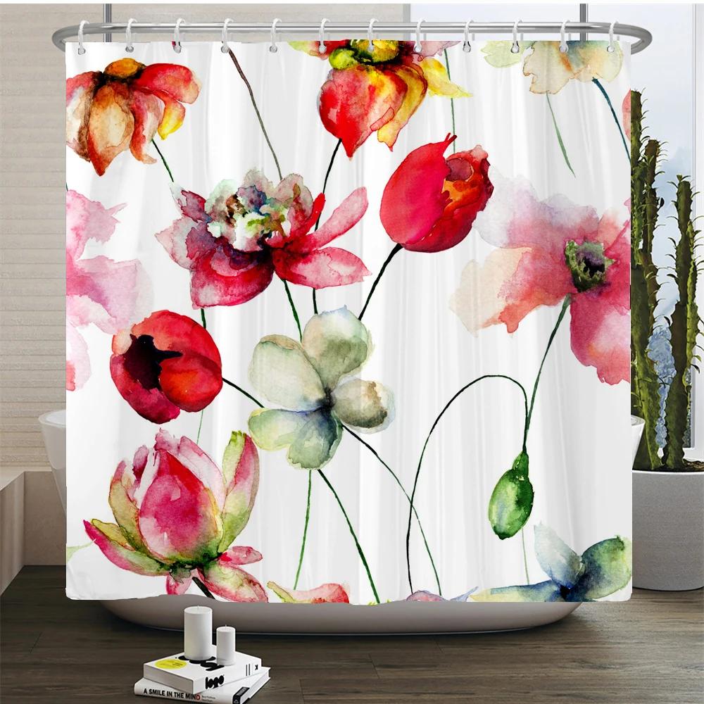 Elegant Flowers Shower Curtain 180x180cm Floral Printed Shower Curtain Polyester Bath Curtain Bathroom Decor Washable With Hooks