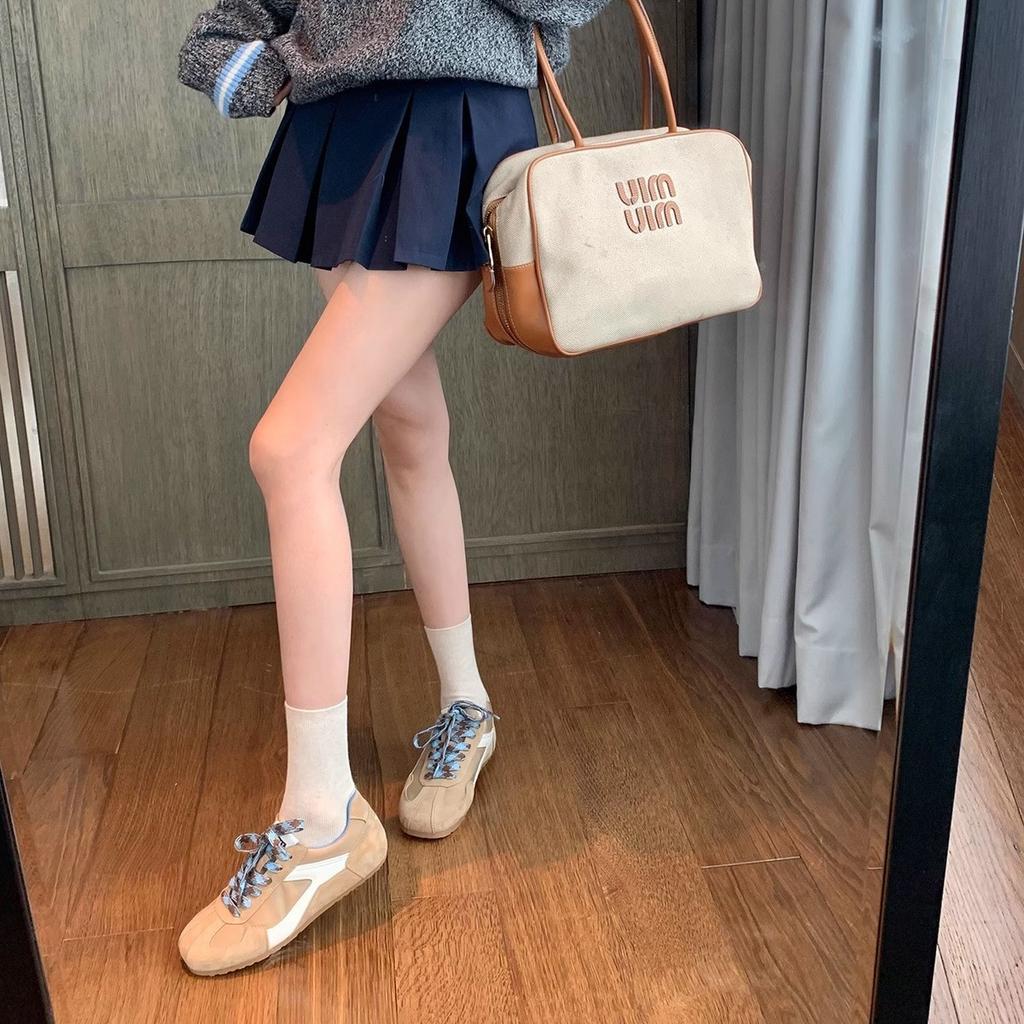 Whole cowhide~ grape mother leather retro contrasting color round square head casual style Forrest Gump training board shoes women's ins women's new m