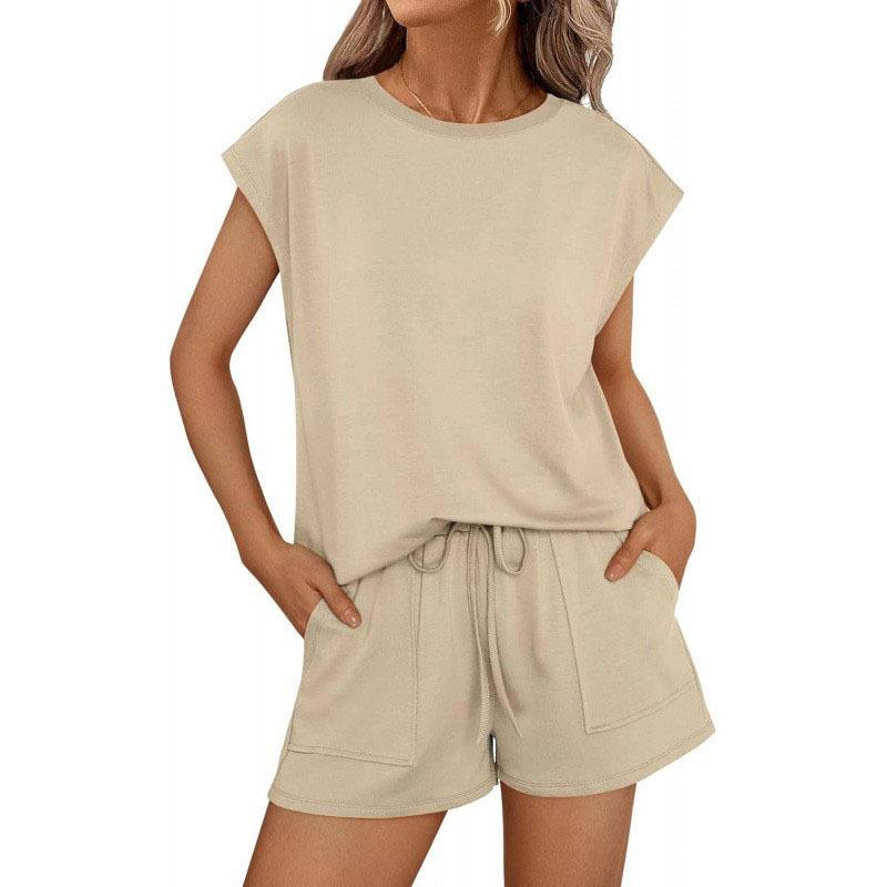 Women Spring Summer New Crew Neck Loose Short Sleeve Two Piece Outfit Set