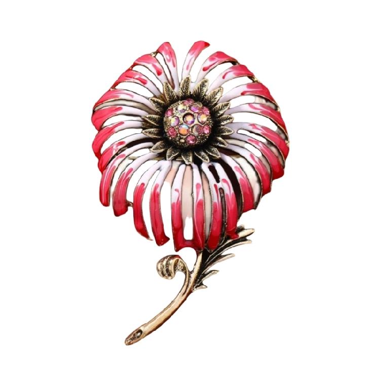 

AB Crystal Dandelions Brooch Antique Gold Plated Enamel Jewelry Open Back Petals Vintage Floral Accessory Leaf Accent красный