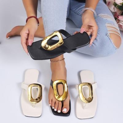 Damen Pantoffeln Luxus Flache Sandalen Flip Flops 2026 Neue Sommer Strand Pantoffeln Mode Metall Schuhe Slides Damen Zapatos De Mujer
