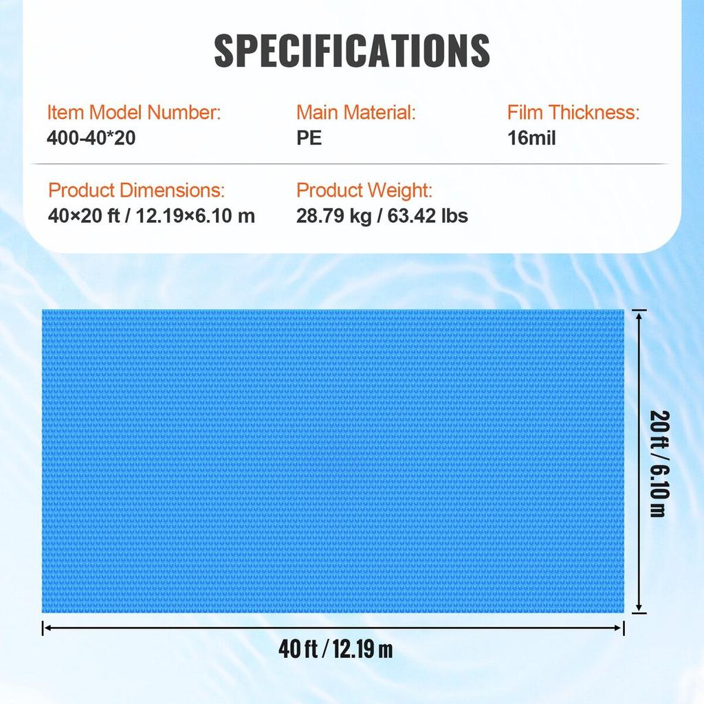 Solar Pool Cover, 40 x 20 ft Rectangle Solar Blanket for Pools, Inground Above Ground Swimming Pool Solar Cover, 16 mil Solar Covers Blue