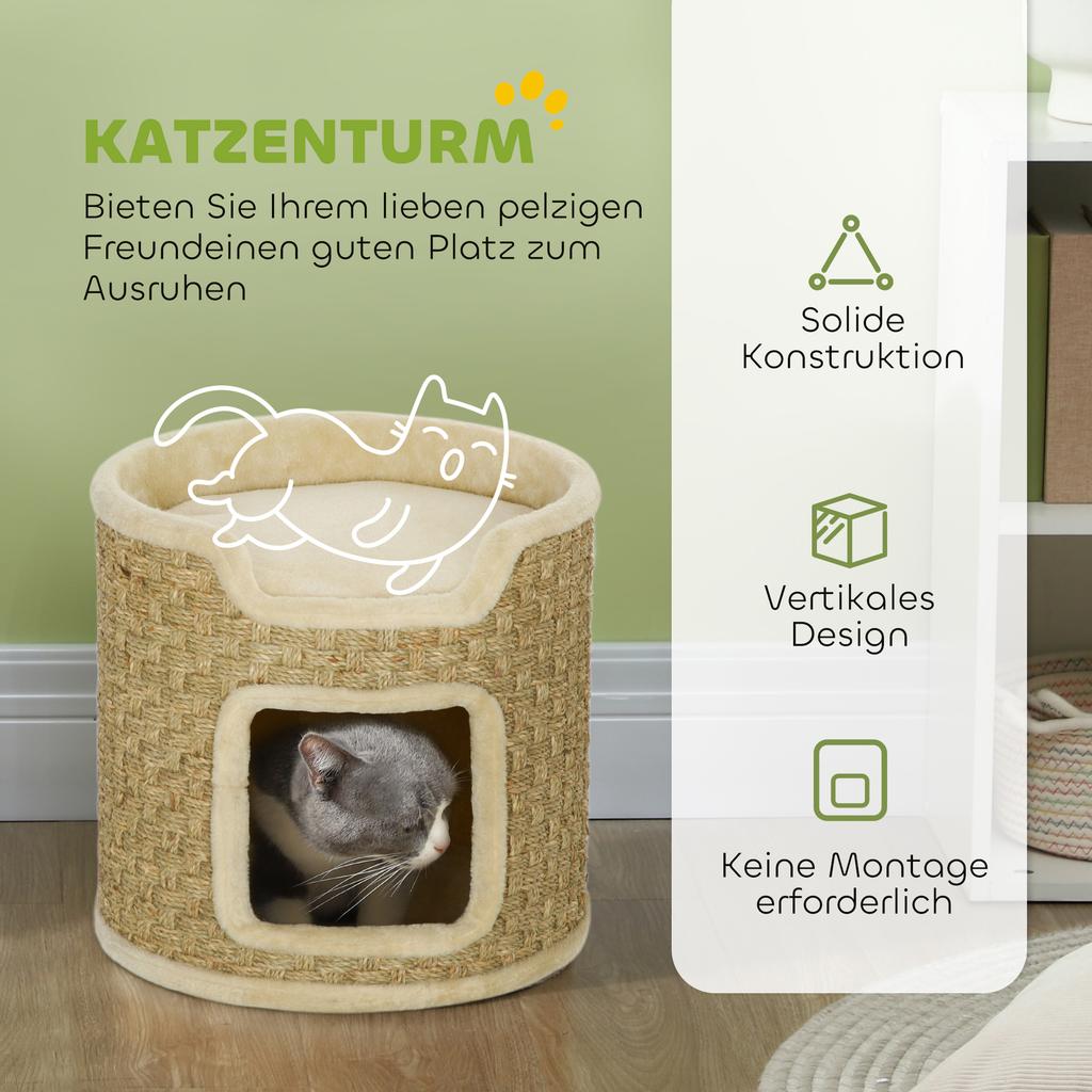 Cat Scratching Post, Play and Relaxation Area, Plush, diameter 38 x 37H cm, Khaki-Beige, Up to 5 kg
