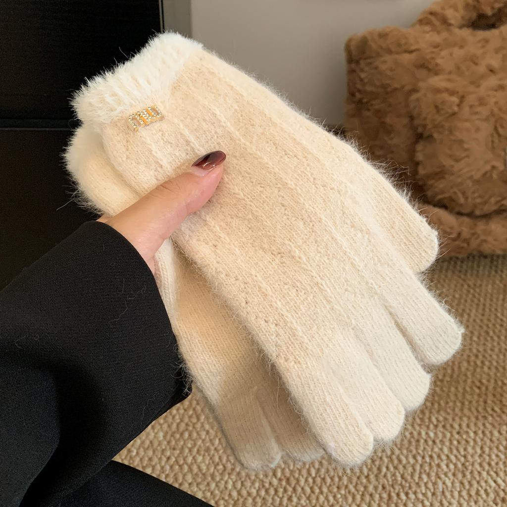 Soft Waxy Rabbit Fur Gray Knitted Wool Five Finger Thickened Warm Gloves for Women's Winter Cycling Cold and Windproof Furry