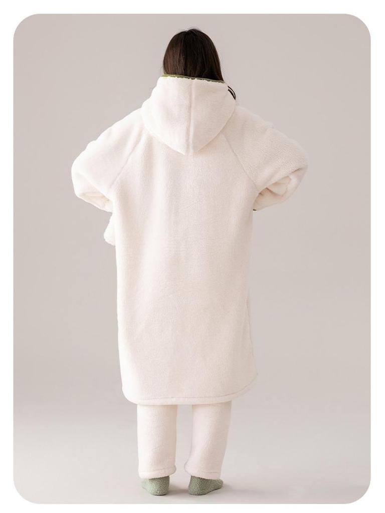 Women's Cute Hooded Coral Fleece Pajama Set - Flannel Long Robe for Autumn/Winter
