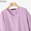 ZANZEA Womens Casual V-Neck Solid Color Loose Half Sleeve Blouse