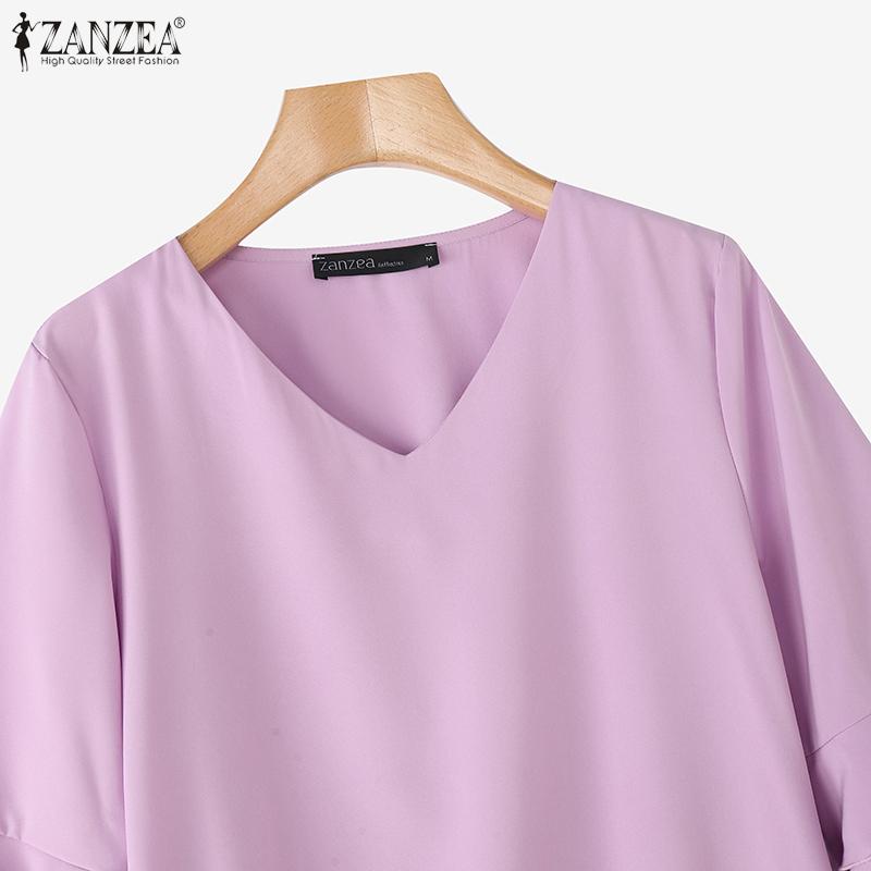 ZANZEA Womens Casual V-Neck Solid Color Loose Half Sleeve Blouse