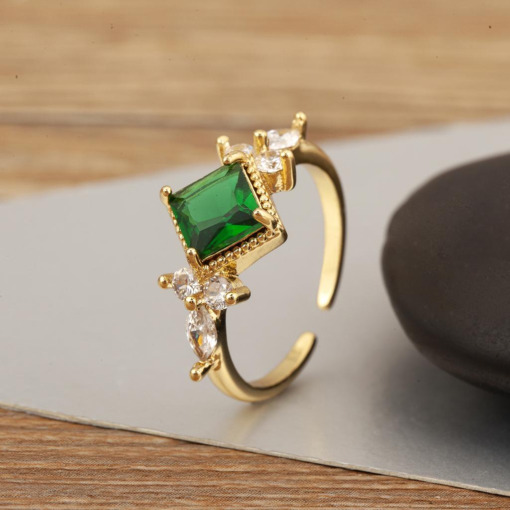 Nidin New Fashion Round/Heart/Square Shape Charm Open Rings For Female Green Crystal Zircon Adjustable Fine Finger Jewelry Gift