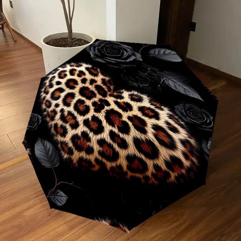 1pc Leopard Print Heart Automatic Open/Close Umbrella Compact Folding Umbrella with 8-Rib Shaft for Women/Men, Elegant Birthday1138S