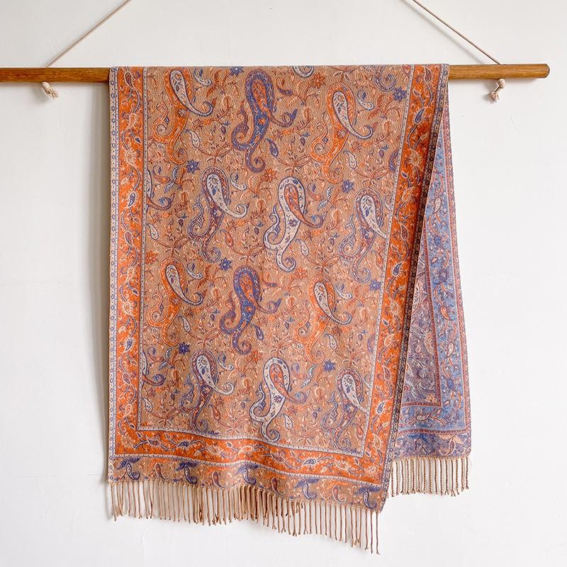 Thick Pashmina Silk Scarf Shawl Wrap Paisley Jacquard Flowers Borders Layers Reversible Classic Tassels For Women 65*200Cm