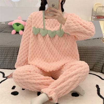 Damen Winter Süßer Flanell Spitze Pyjama Prinzessinnenstil Warm Lange Ärmel Lange Hose Hauskleidung Quadratischer Ausschnitt Pyjama Set