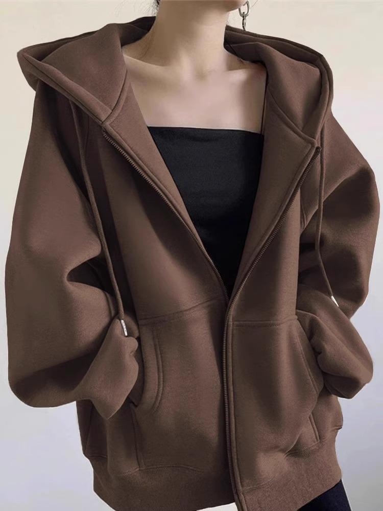 Solid Color Women's Hooded Fleece-Lined Cardigan Jacket - American Retro Lazy Style for 2025 Autumn/Winter