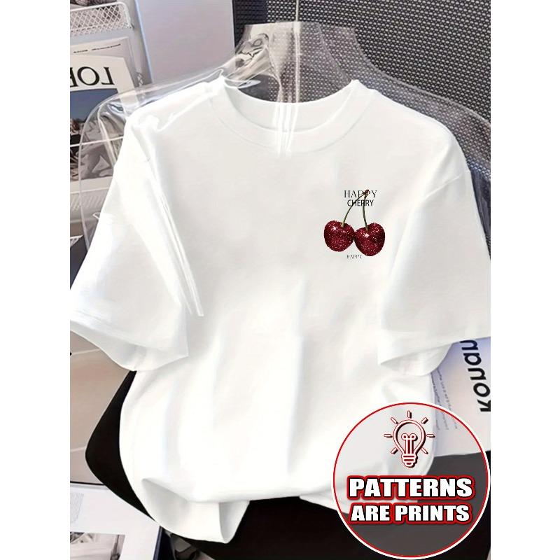 Women's Happy Cherry Floral Print Tee Front Back Printed Short Sleeve Spring Summer Trendy Casual Everyday Top