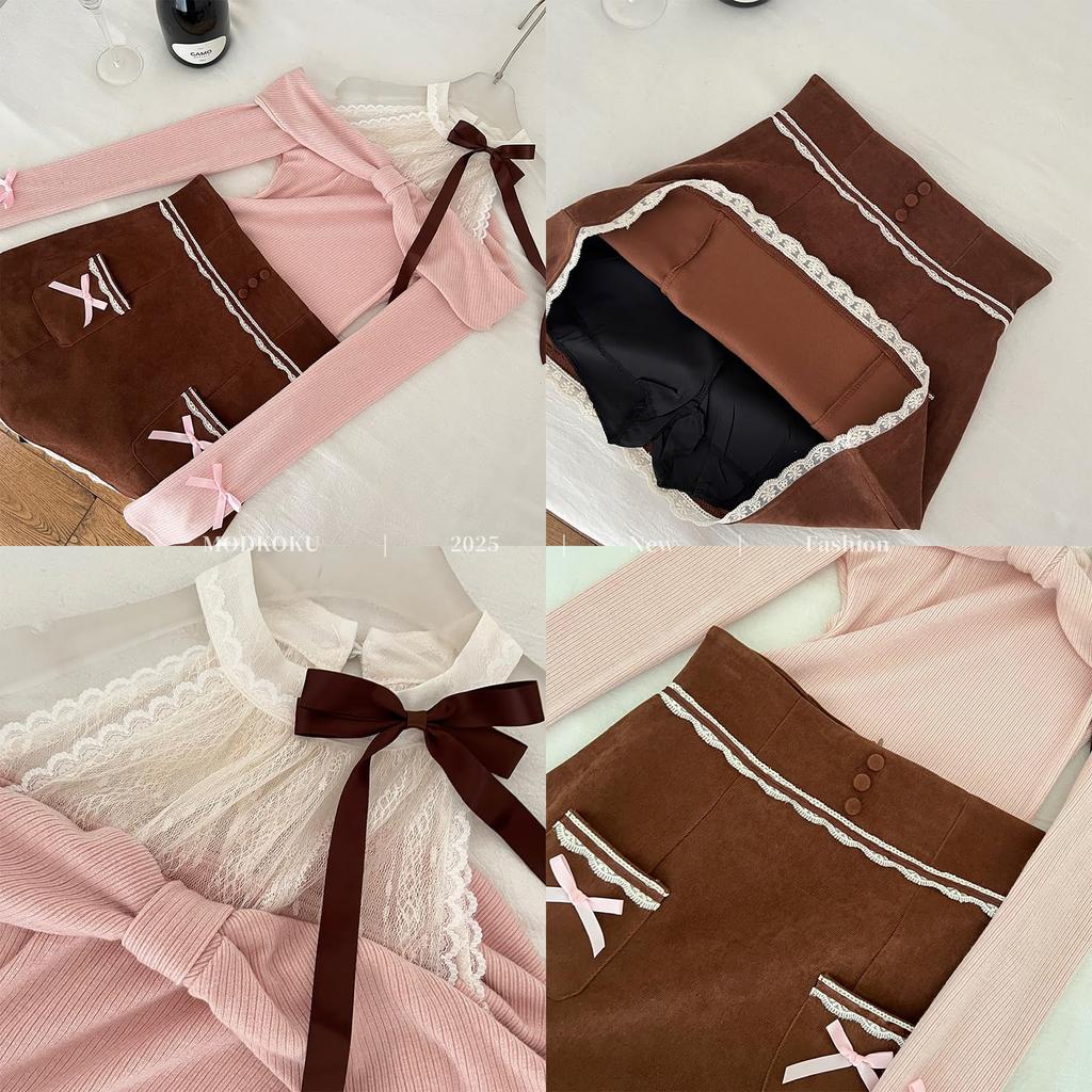 Neat and Clean Dress for Sexy Lace and Ribbon Mini Sweater with Knit and Tight Perfect for Mori French and Gal Long and Pink and Size L [MODKOKU]