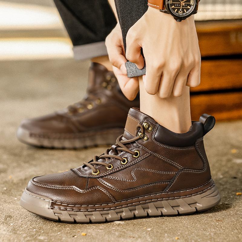 Men's High-top Casual Leather Shoes Handmade Plush Shoes Casual Shoes Autumn and Winter Plus Size 39-47