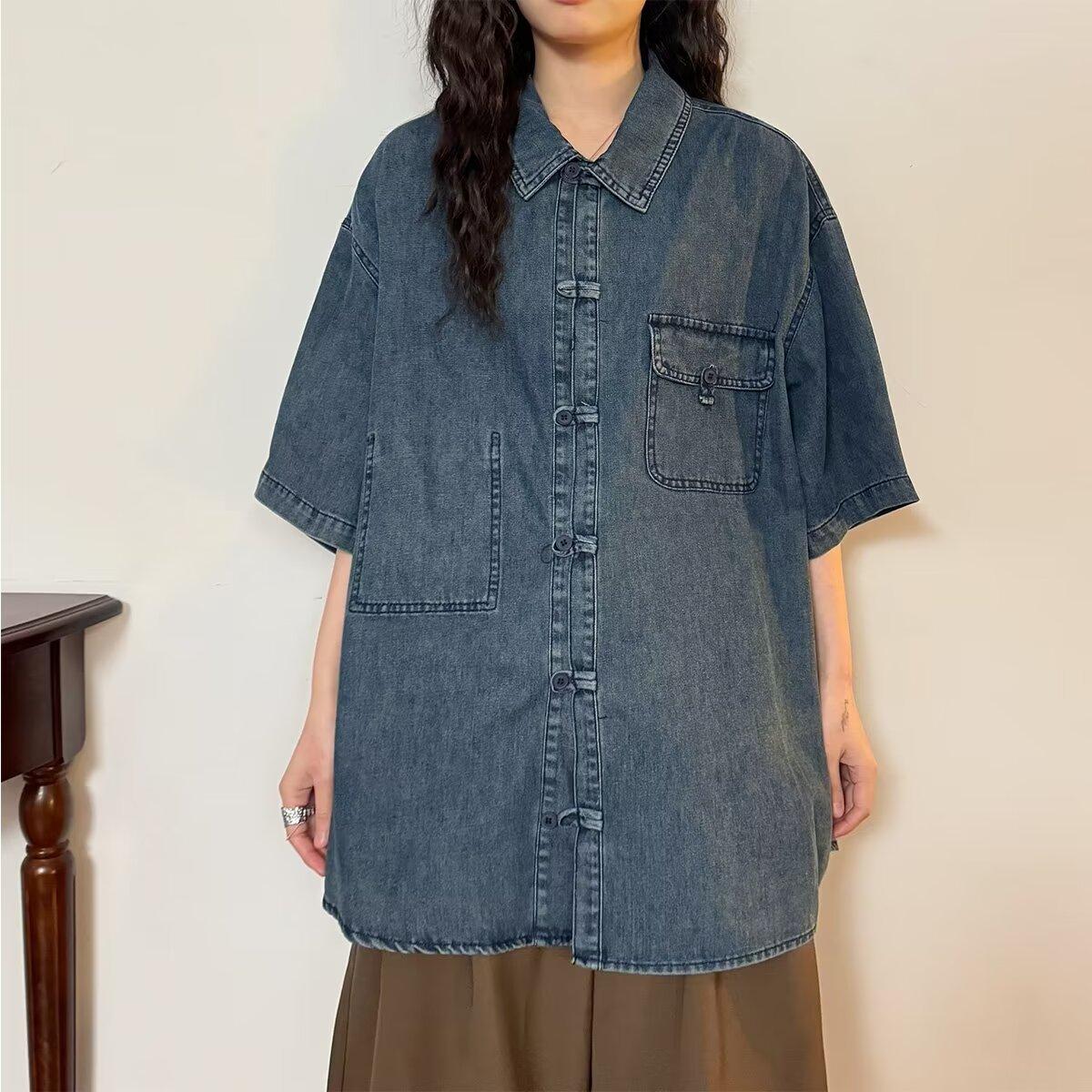 

Летняя мужская новая стильная потертая джинсовая рубашка с короткими рукавами в стиле ретро, уличная модная рабочая одежда, рубашка в стиле милитари XL синий