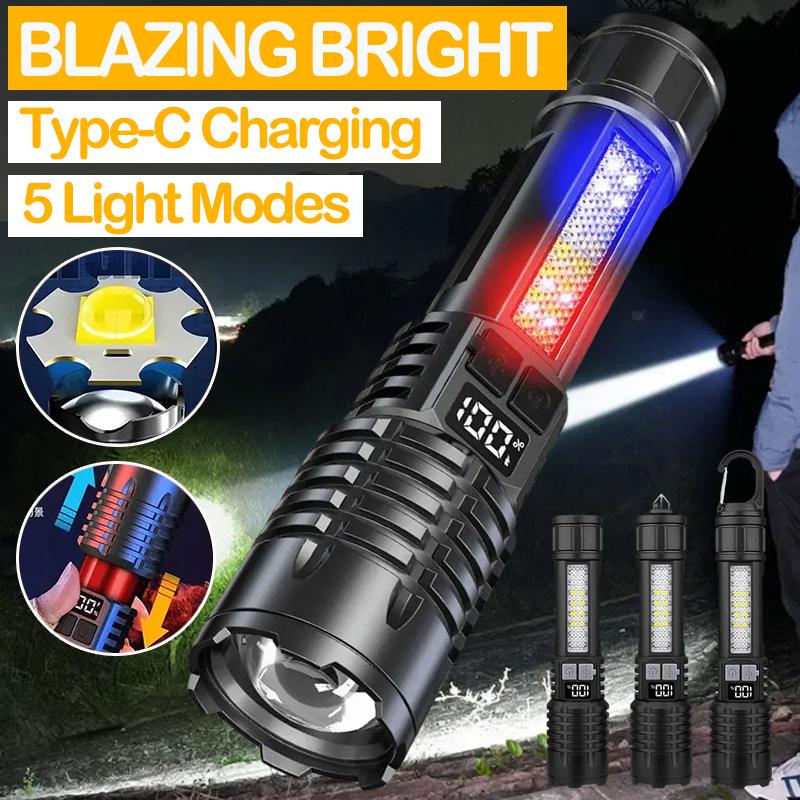 Strong Light Outdoor Camping Fishing Flashlight with Telescopic Zoom, Built-in Rechargeable Battery, Hook and Window Breaking Hammer
