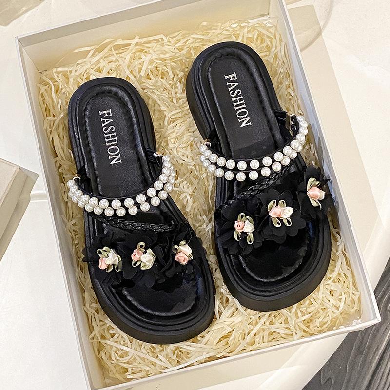 Sweet Flower Two Wearing Sandals Female Summer 2025 New Thick-soled Wedge Heel Fairy Wind with Skirt Roman Cool Slippers