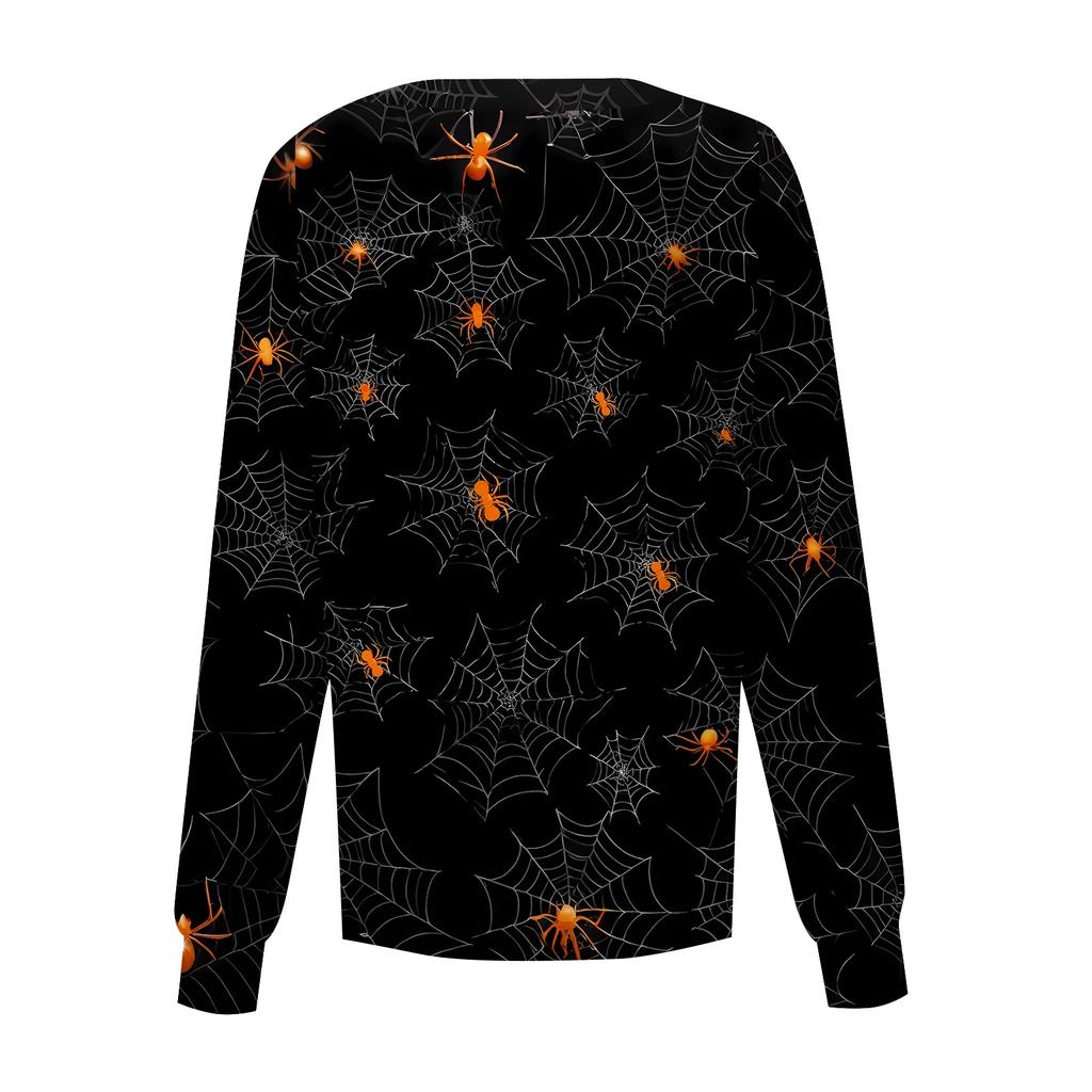 Womens Long Sleeve Button Front Cardigan Halloween Print Spider Web Pattern Lightweight Knit Top for Casual Wear and Work Uniform