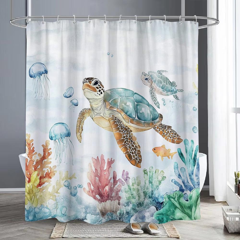 Marineland Sea Turtle Fun Shower Curtain For Beach Theme Bathroom Decorative Shower Curtain, Waterproof Shower Curtain With Hook