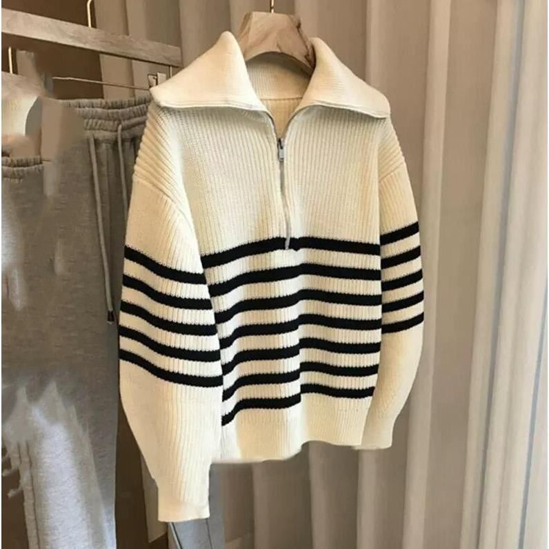 QICED Lapel Half Zip Contrast Color Striped Pullover Sweater Women's Winter New Lazy Style with A Knitted Western-style Base Shirt