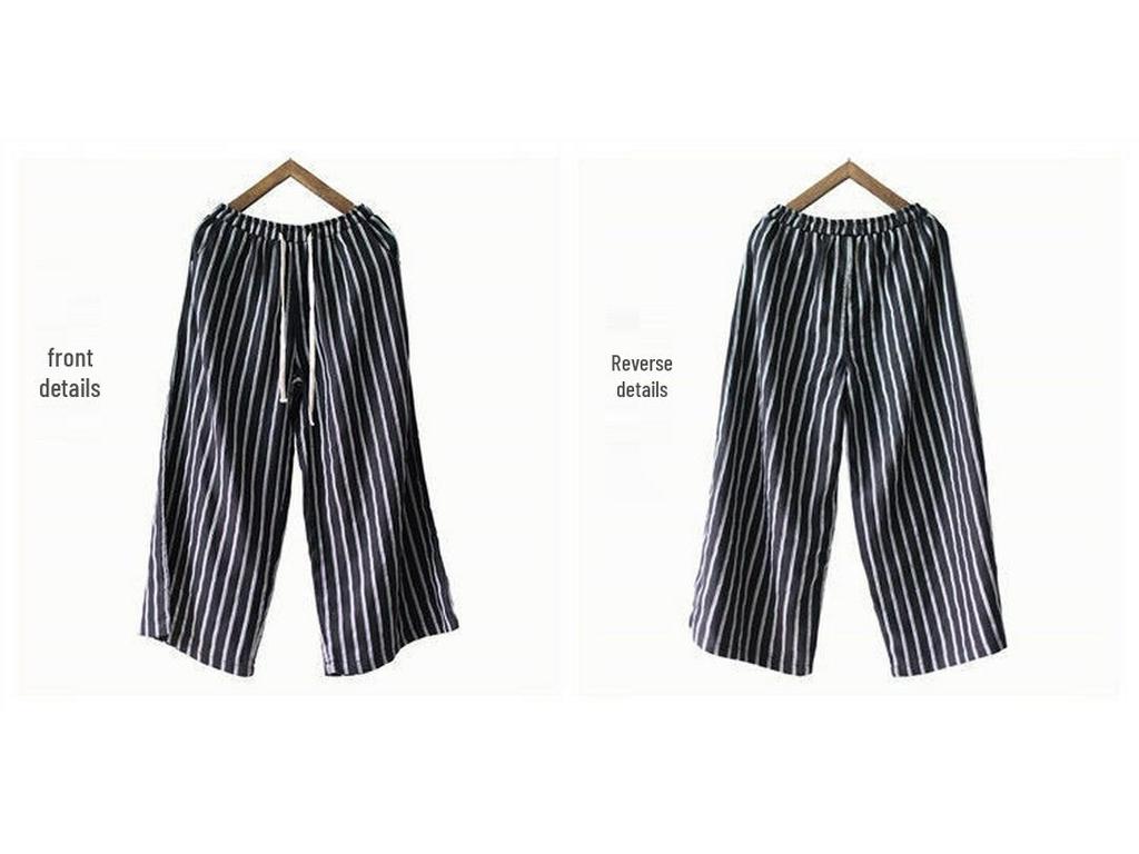 2023 Retro Cotton Linen Striped Wide-Leg Women's Slimming Cropped Pants - Japanese Style Summer Casual Wear