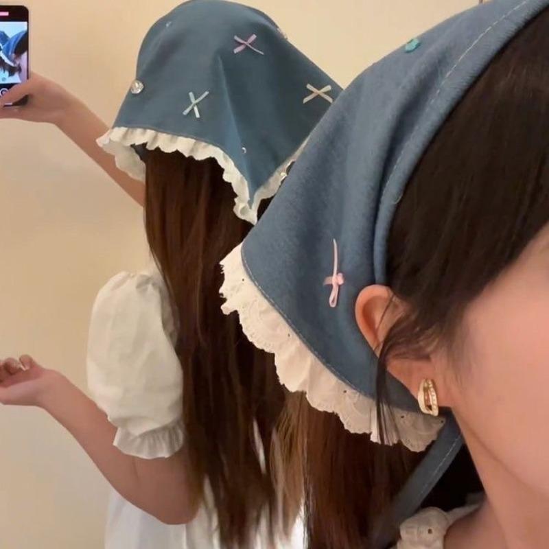 Idyllic lace headband new blast furnace top triangle scarf headband French retro plaid sweet and cute headscarf