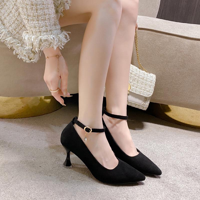 Fashion Versatile High-heeled Flats 2024 New Style 7cm Fine Track Cat's Paw Pointed Toe Single Shoe Women's Shallow Sole Summer Shoe