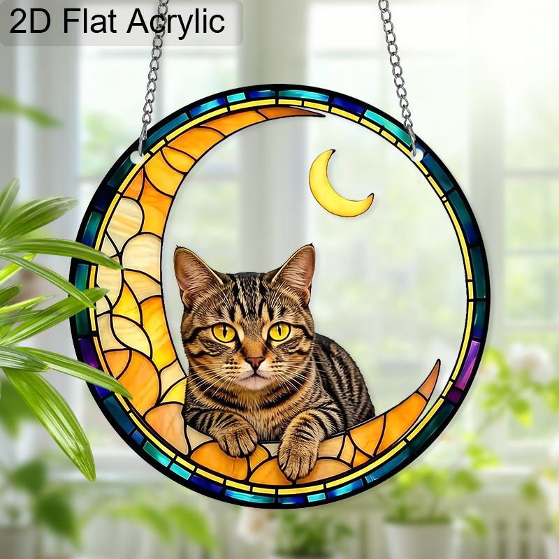 Acrylic Crescent Moon Tabby Cat Suncatcher, Stained Glass Style Window Hanging Ornament for Cat and Celestial Lovers