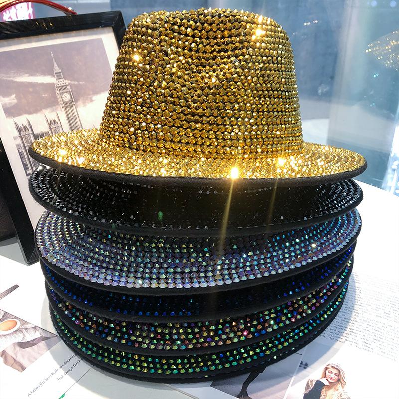 Chapeau femme automne et hiver mode strass élégant chapeau jazz rétro britannique polyvalent chapeau haut en laine incrusté de diamants tendance