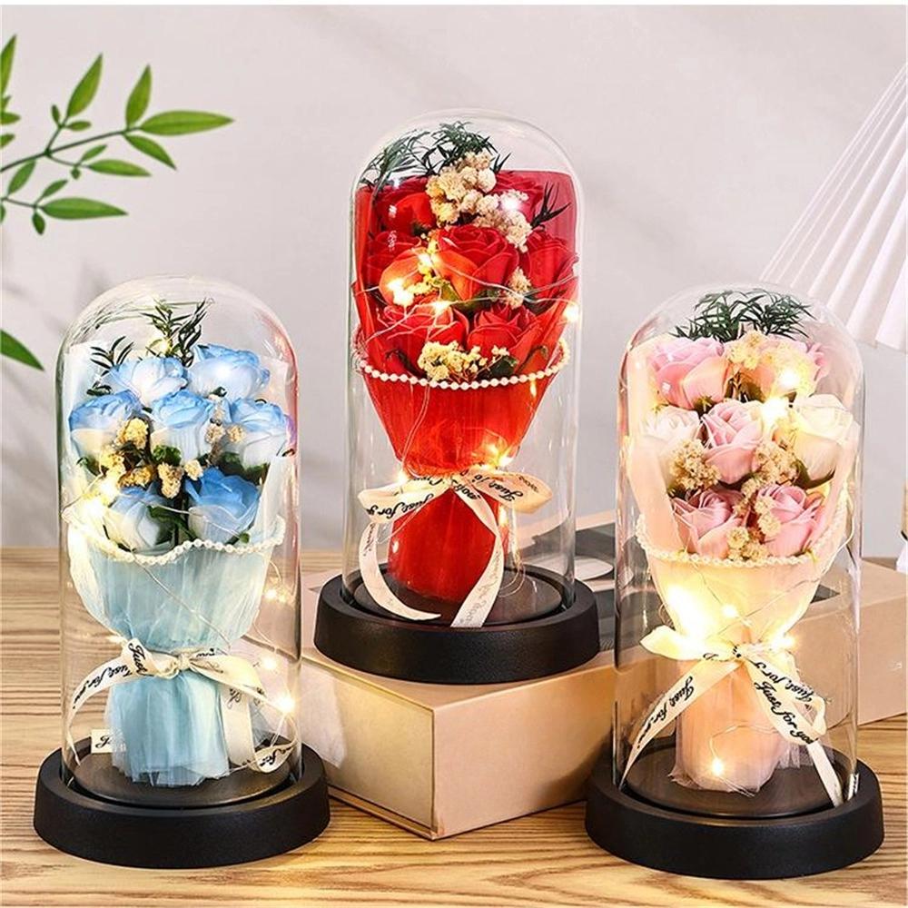 Everlasting Rose LED Glass Dome Bouquet Romantic Illuminated Ornament Perfect Valentine's Day Christmas Home Decor Romantic Gift