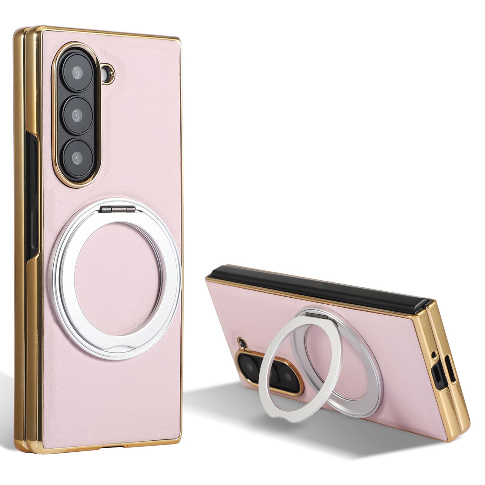 

For Samsung Galaxy Z Fold6 5G Magnetic Case with Rotating Kickstand Nappa Texture PU TPU PC Phone Back Cover Pink