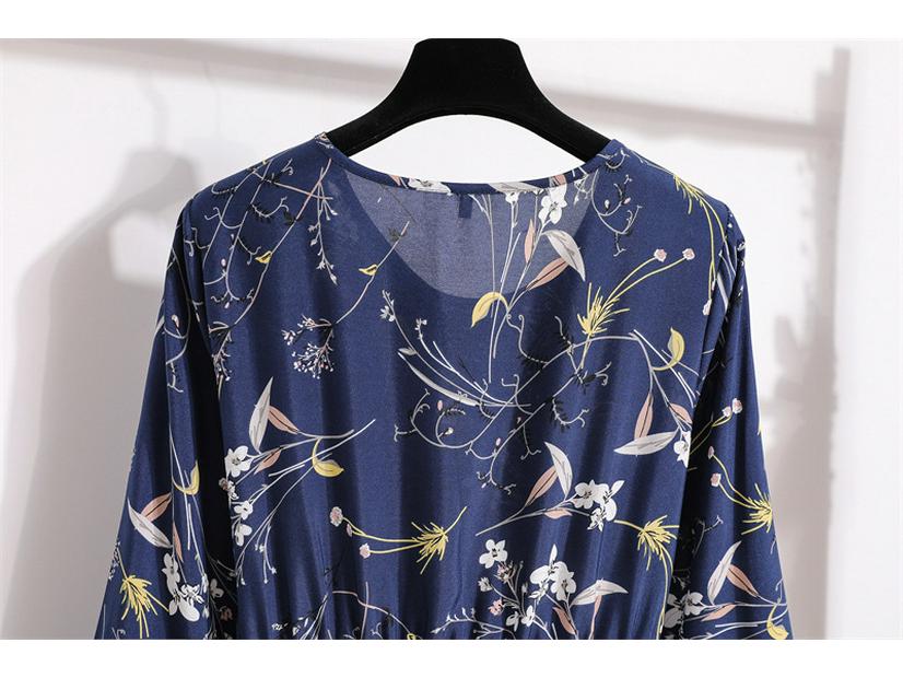 Women's Spring High-Waist Retro Floral Chiffon Maxi Dress with Long Sleeves and Round Neck