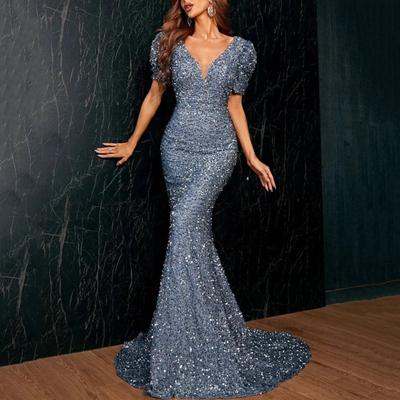 Women Evening Dress Shimmering Sequin Short Bubble Sleeves V Neck Slim Fit Floor Length Big Bow At Back Mid Waist Cocktail Party Banquet Maxi Dress