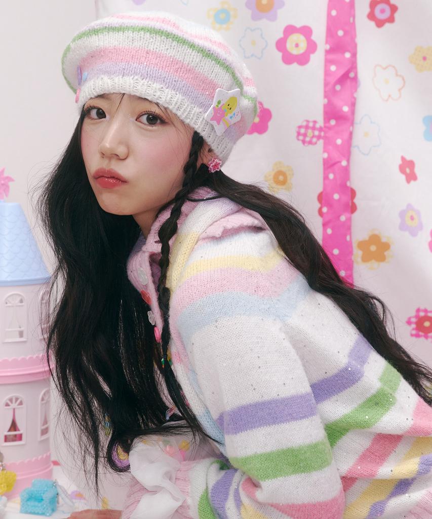 Seuwingses Striped Button Knit Beret (Pastel)