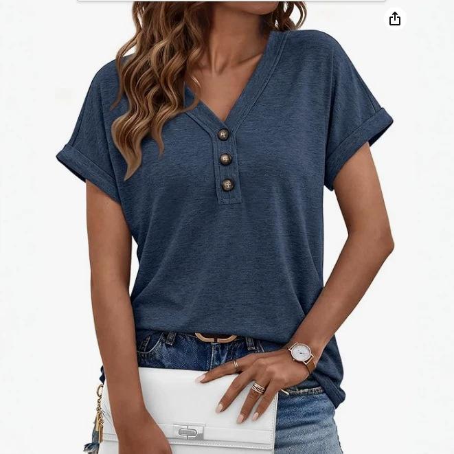 Women's Loose Fit Henley V Neck T‑Shirt Rolled Short Sleeve Casual Summer Daily Wear Blouse Top