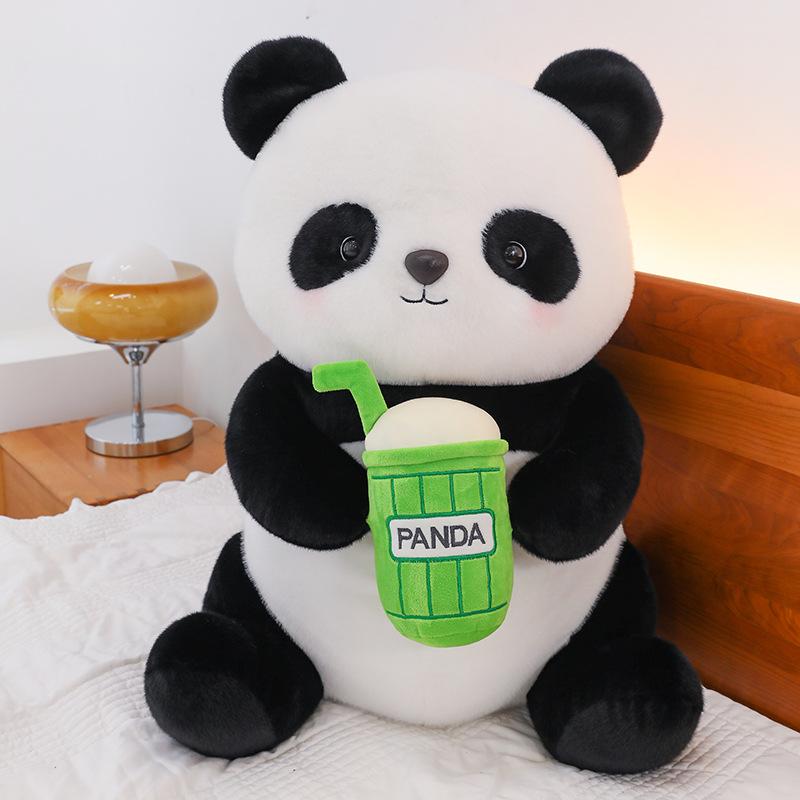 Cute Simulated Giant Panda Doll Plush Toy Holding Milk Tea Cup Doll Children's Birthday Gift for Girlfriend