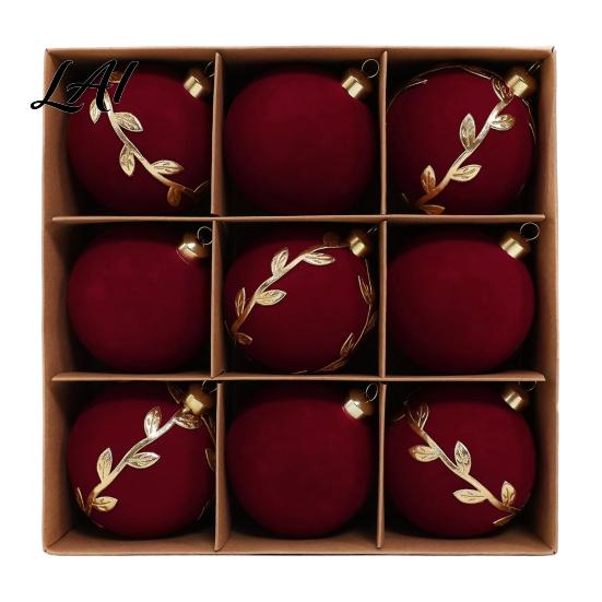 Christmas Party Background Decor 9Pcs Flocked Ball Ornaments Burgundy Velvet Balls with Gold Retro Supplies Embroidery Hanging Tree for Holiday Home