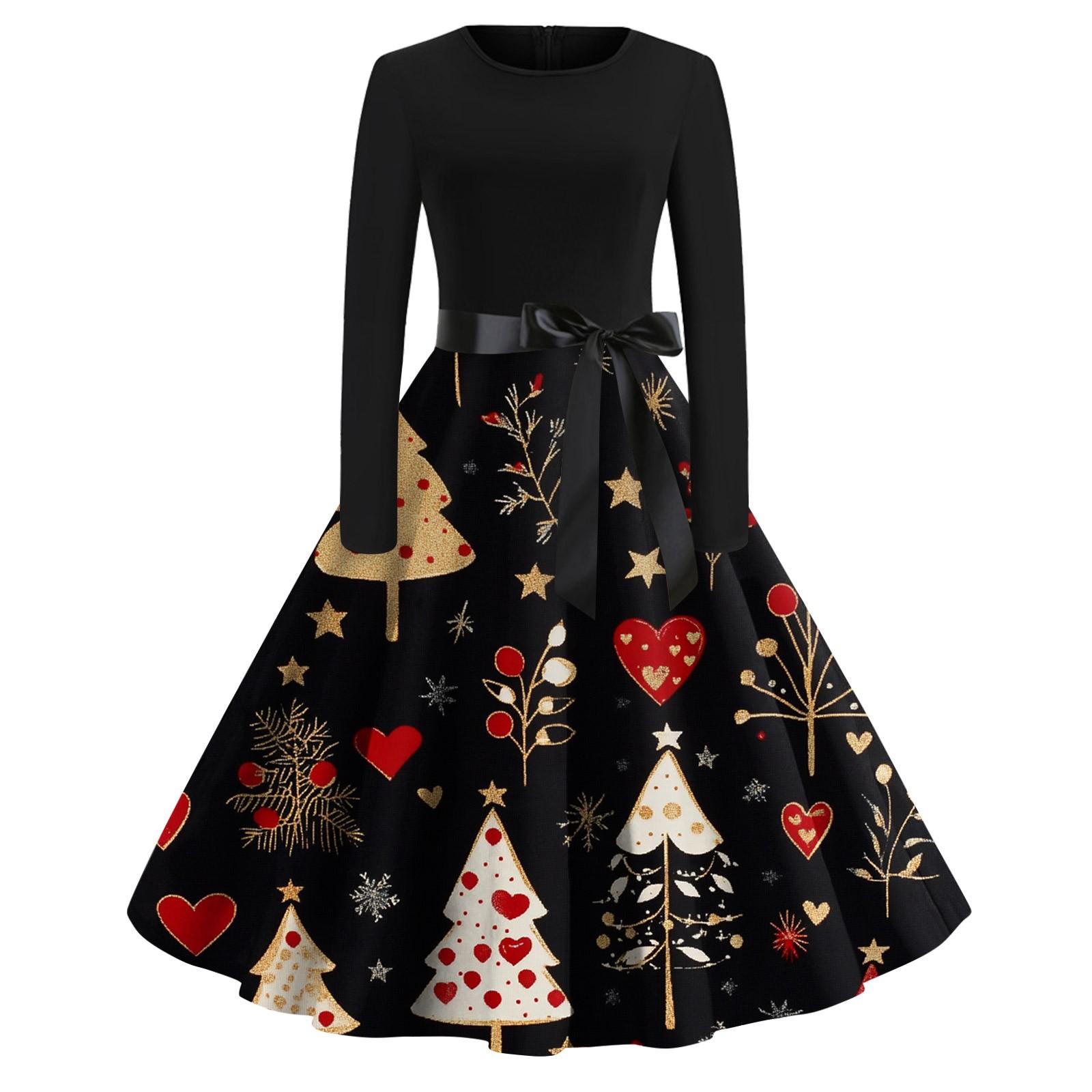 

Женское модное винтажное платье с длинным рукавом и круглым вырезом с рождественским принтом XL тёмно-синий