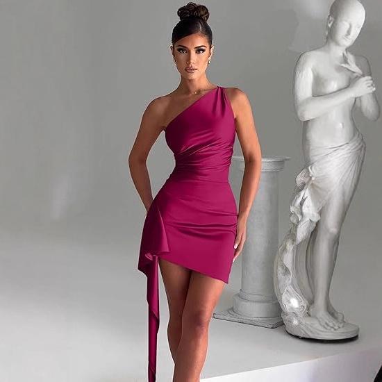 One-Shoulder Ruched Slit Satin Dress - European & American Summer Elegance