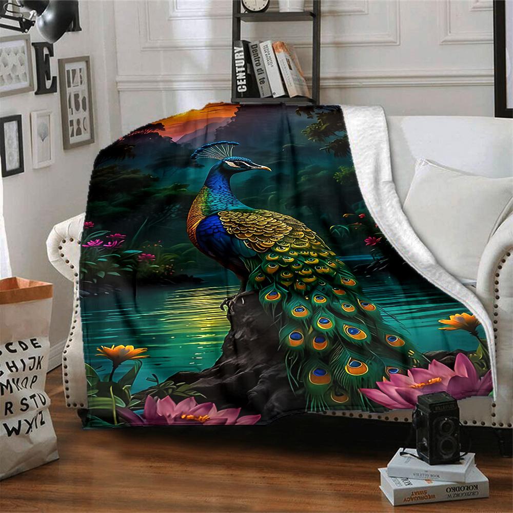 1pc Peacock Nature Scene Blanket, Lightweight Flannel Throw For Sofa, Bed, Travel, Camping, Livingroom, Office, Couch, Chair, And Bed,