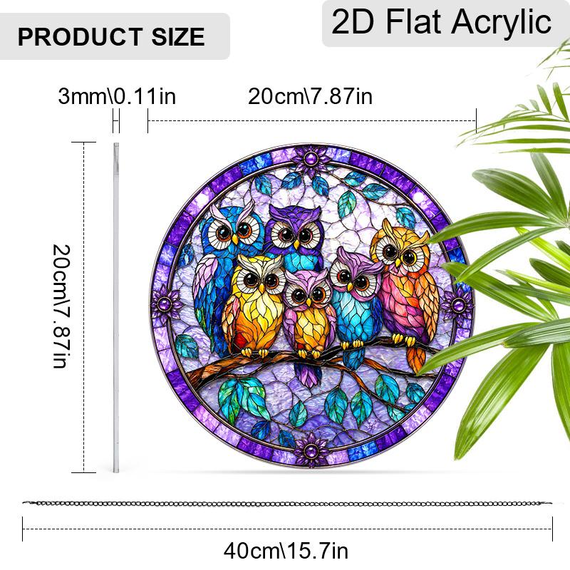 2D Flat Acrylic Six Owls Suncatcher Decorative Hanging Ornament, 7.87/11.81inches Bluish Purple Design Hanging Pendant, Charming Home Window Tree 20cm/7.87Inches
