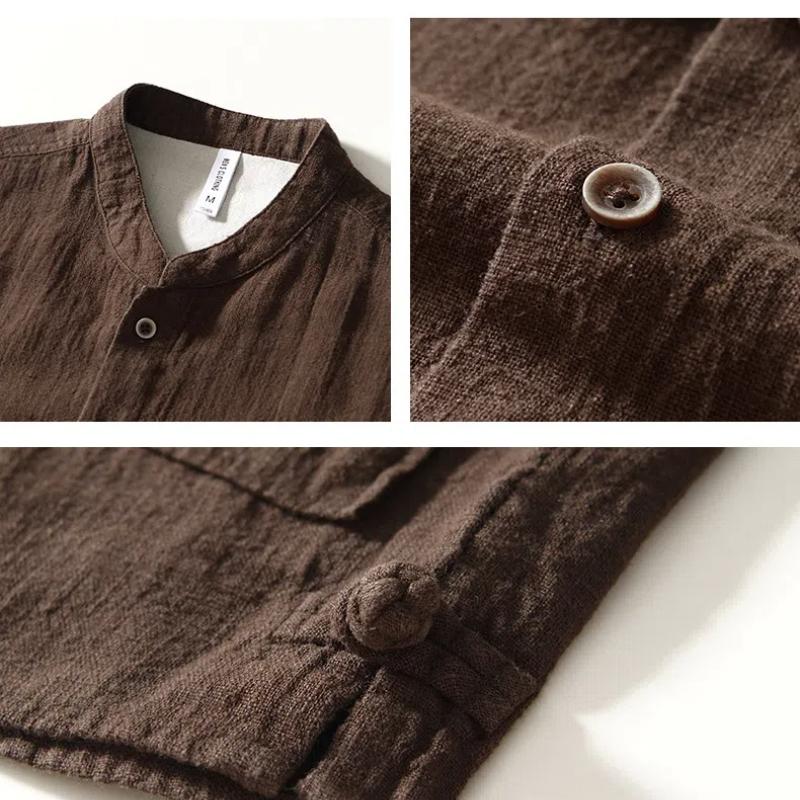 Chinese Style Long Sleeve Men Shirt Traditional Men Clothing Solid Color Stand Collar Cotton Linen Button Shirt Daily Casual Tops Big Pockets